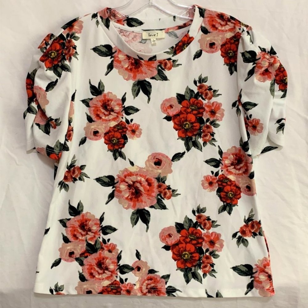 Love J White and Floral Puffy Sleeve Shirt - Size L (Pre-Owned)